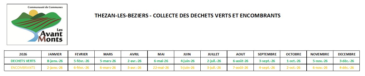Planning collecte 2026 Planning ramassage des déchets vers et encombrants